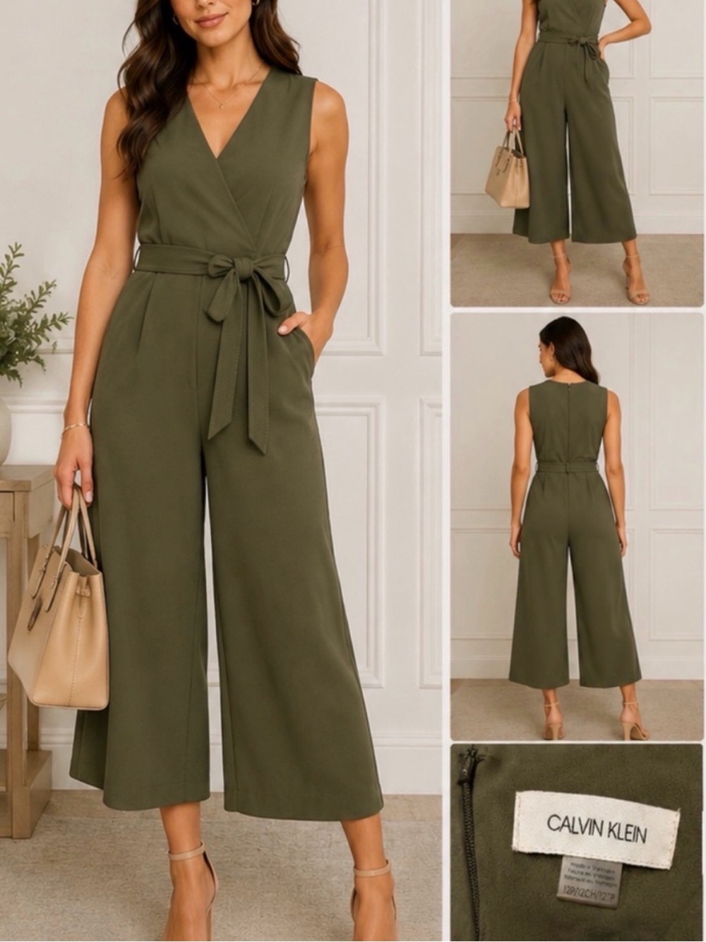 Calvin Klein Olive Sleeveless Wide-Leg Crepe Tie-Waist Jumpsuit